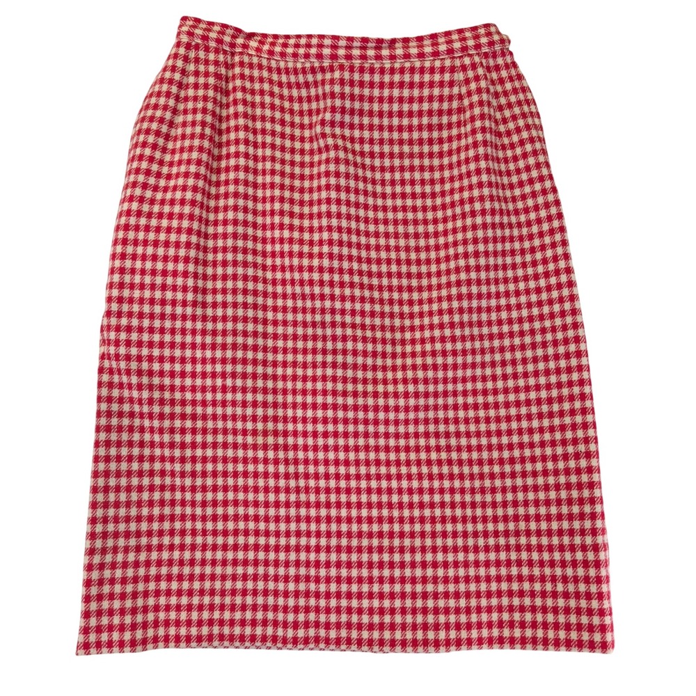 Vintage Union Made Red Cream Houndstooth Wool Pencil Skirt 60s 70s Retro 27" S 4